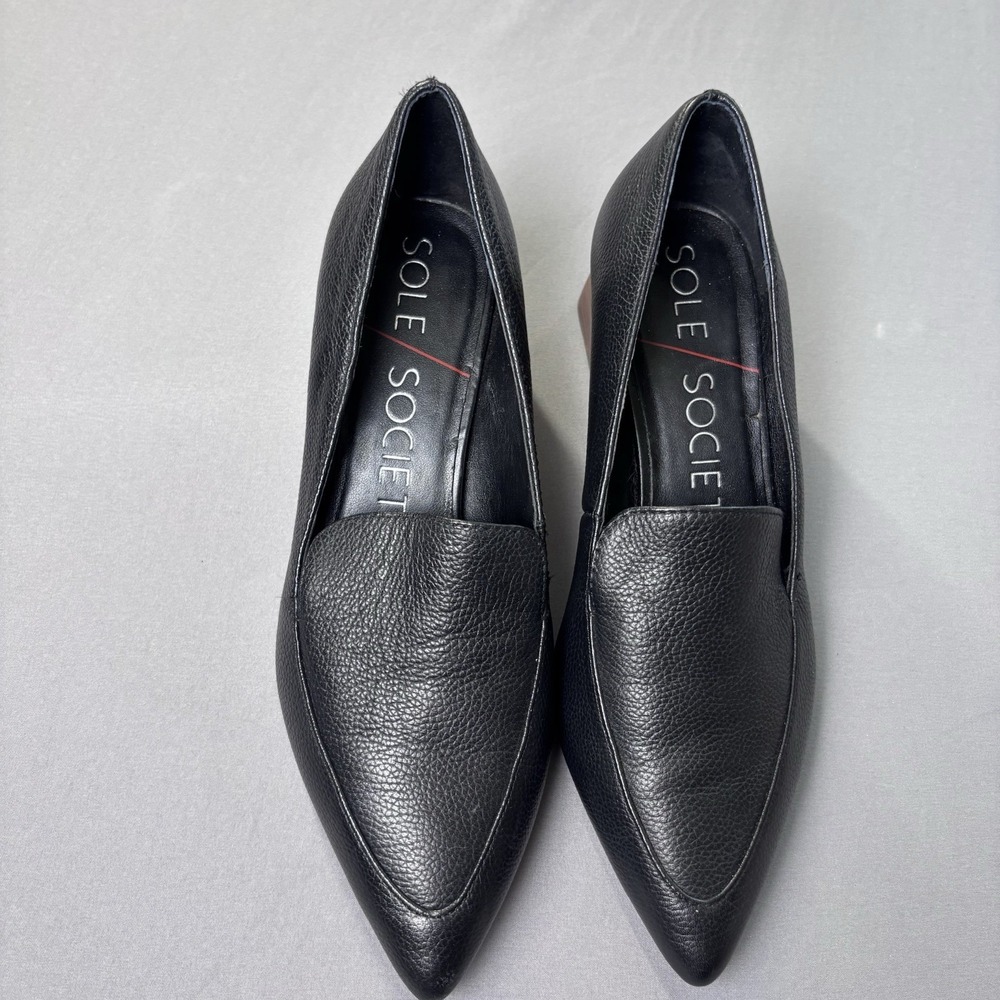 Sole Society Women's 7 Genuine Leather Black Block Heel Slip On Pointed Toe‎